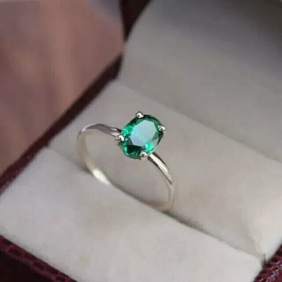 1Ct Lab Created Emerald Oval Cut Solitaire Engagement Ring 14K White Gold Plated