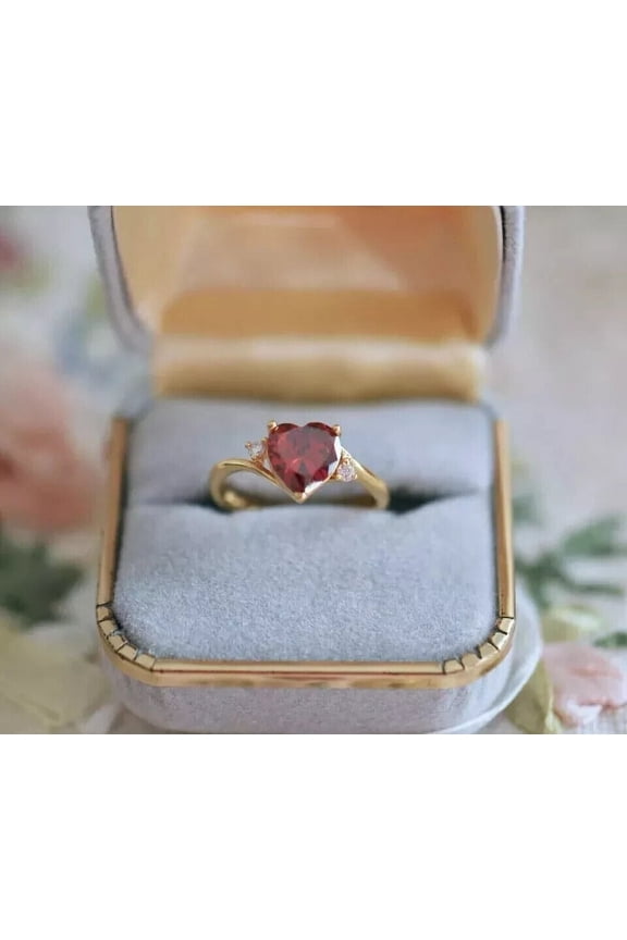 1Ct Lab Created Red Ruby & Diamond Heart Cut Leady Beauty Gift Ring 14k Yellow Gold Plated