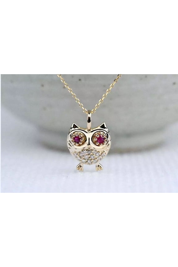 1Ct Lab Created Red Ruby Diamond Owl Shape Pendant 14K Gold Plated Free Chain