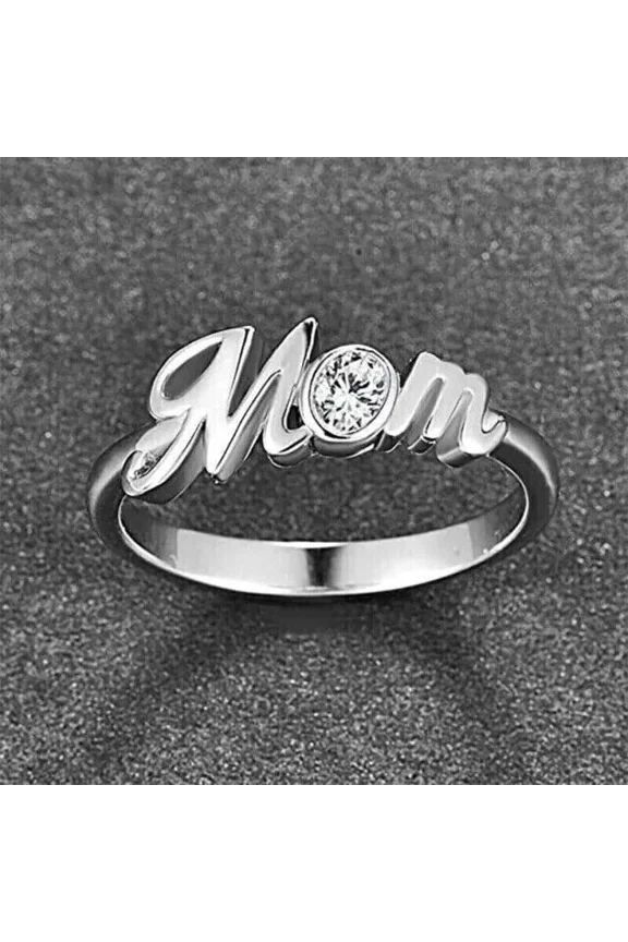 1Ct Moissanite Rond Cut Band Ring MOM Letter Finger Ring Solid 14K White Gold Plated
