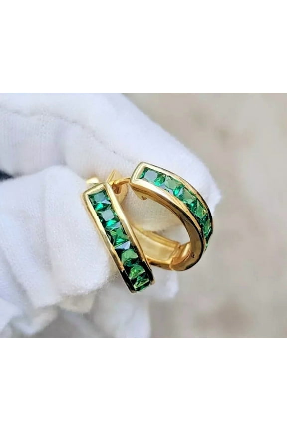 1Ct Princess Cut Simulated Emerald Women Hoop Earring 14K Yellow Gold Plated