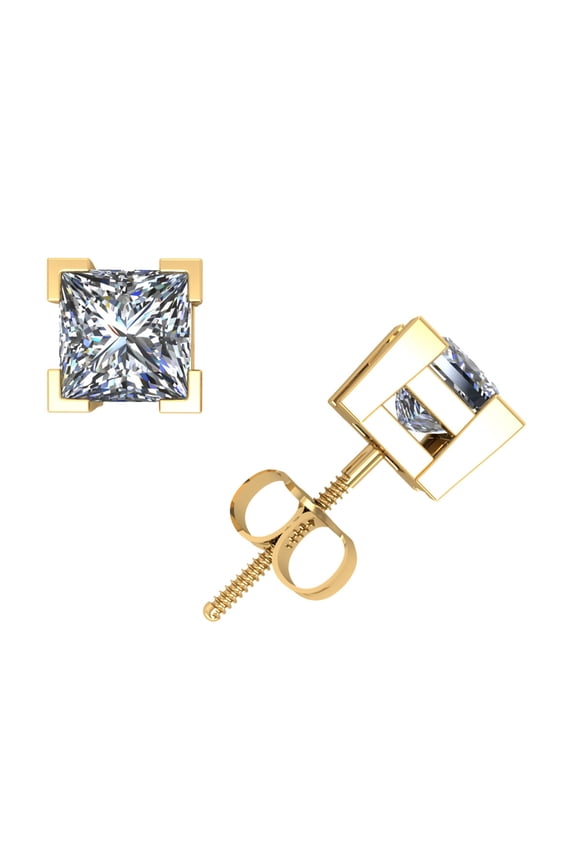 1Ct Princess Diamond Basket Stud Earrings 14Karat Yellow Gold V-Prong Set F VS2