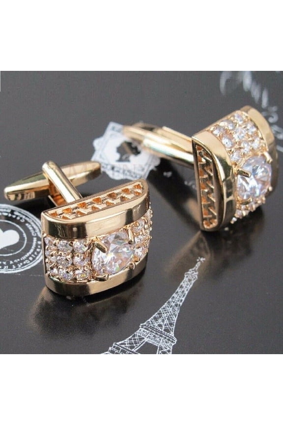 1Ct Round Cut Diamond Simulated Crystal Mens Cufflinks Shirt Cuff Links Wedding Party Gift Buttons 14K Yellow gold plated