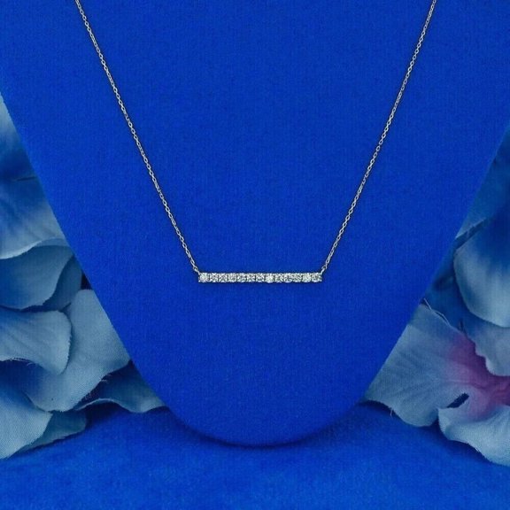 1Ct Round Cut Lab Created Diamond Bar Pendant 14K White Gold Plated Silver 18 Inch Free Chain