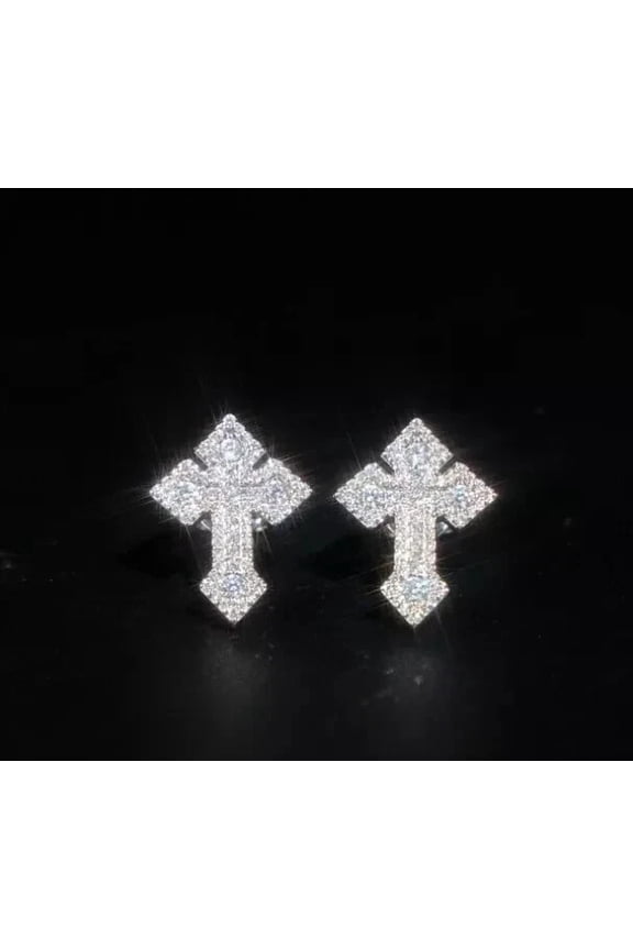 1Ct Round Cut Lab Created Diamond Mens Cross Stud Earrings 14K White Gold Plated