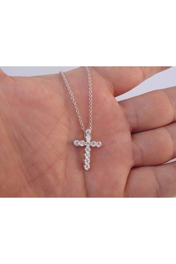 1Ct Round Cut Lab Created Diamond Small Cross Pendant 14K White Gold Plated