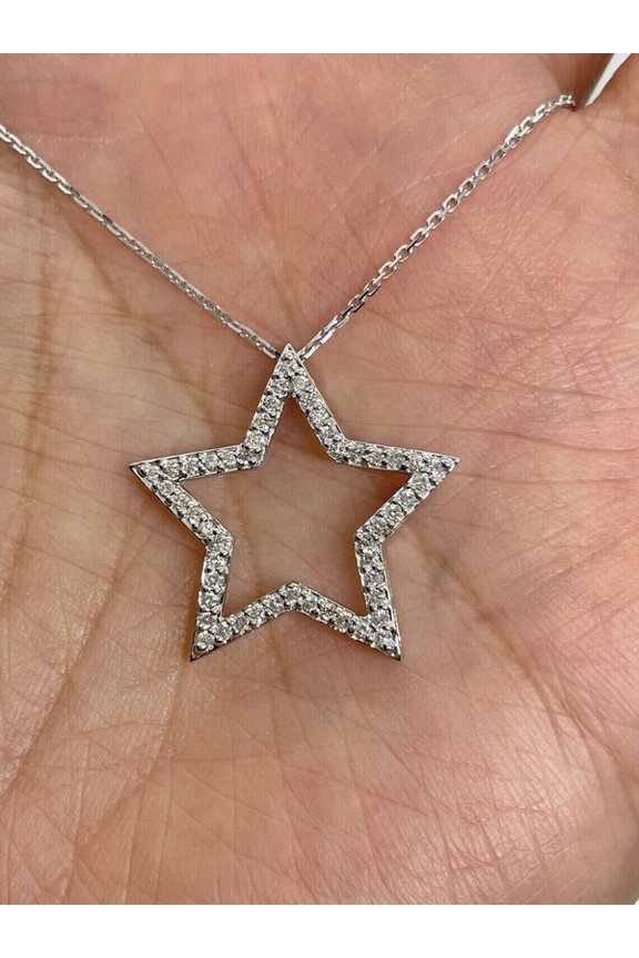 1Ct Round Cut Lab Created Diamond Star Pendant 14K White Gold Plated 18" Free Chain