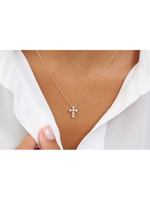 1Ct Round Cut Lab Created Diamond Tiny Bezel Cross 14K Yellow Gold Plated Silver