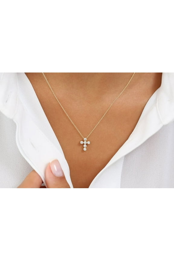 1Ct Round Cut Lab Created Diamond Tiny Bezel Cross 14K Yellow Gold Plated Silver