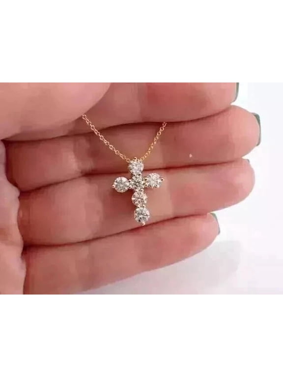 1Ct Round Cut Lab-Created Diamond Tiny Cross Pendant 14k White Gold Plated