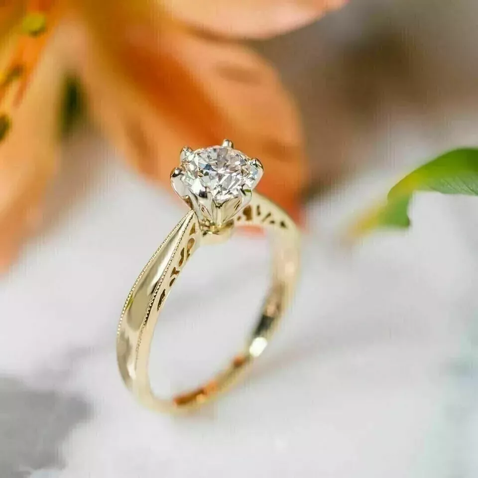 1Ct Round Cut Lab-Created Diamond Womens Engagement Ring - 14K Yellow Gold Finish