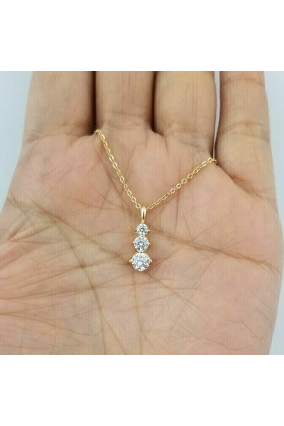 1Ct Round Cut Lab Created Diamond Women's Three Stone Pendant 14K Yellow Gold Plated 18" Free Chain