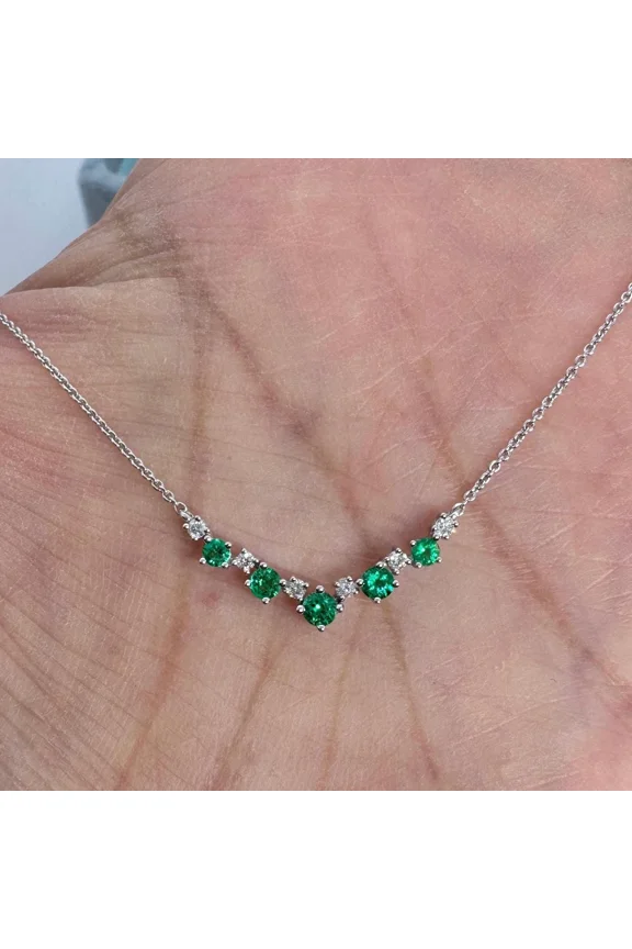 14K White Gold Plated 2Ct Round Cut Lab-Created Emerald Bar Pendant 18" Chain
