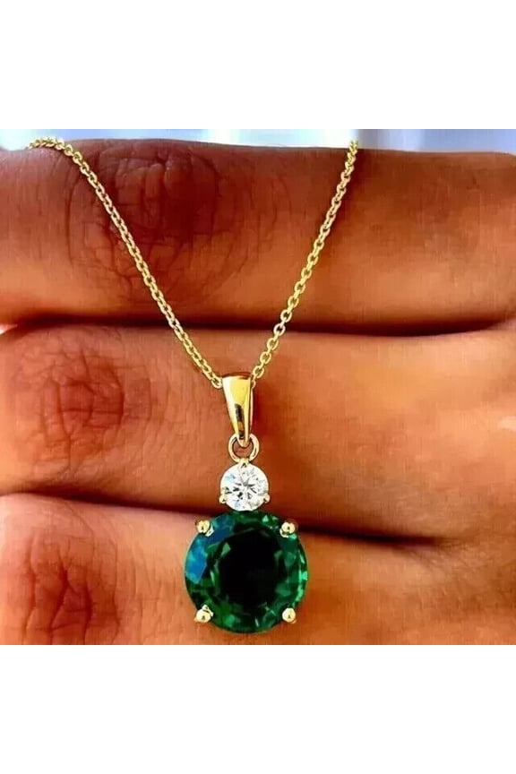 1Ct Round Cut Lab-Created Green Emerald Solitaire Pendant 14K Yellow Gold Plated