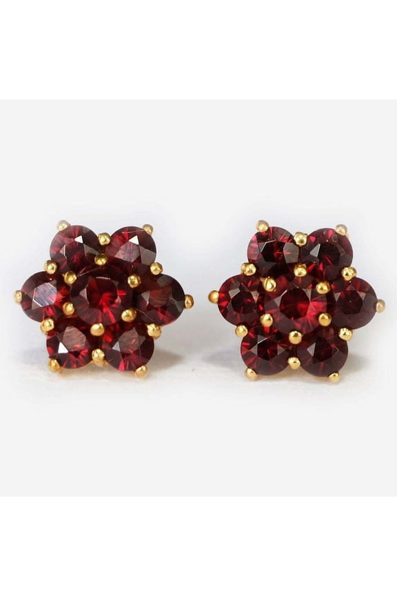 1Ct Round Cut Lab Created Red Garnet Flower Stud Earrings 14k Yellow Gold Plated Silver