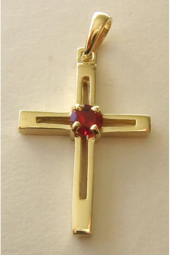 1Ct Round Cut Lab-Created Red Ruby Cross Women Pendant 14k Yellow Gold Plated