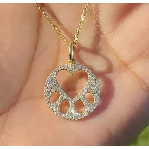 1Ct Round Cut Real Moissanite Paw Pendant Necklace 14K Yellow Gold Plated Silver
