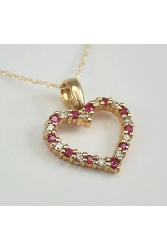 1Ct Round Cut Red Ruby Open Heart Pendant Lab Created 14K Yellow Gold Finish Free 18" Chain
