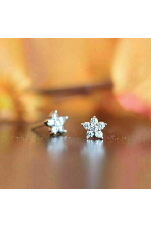1Ct Round Cut Simulated Diamond Flower Small Stud Earrings 14K White Gold Plated