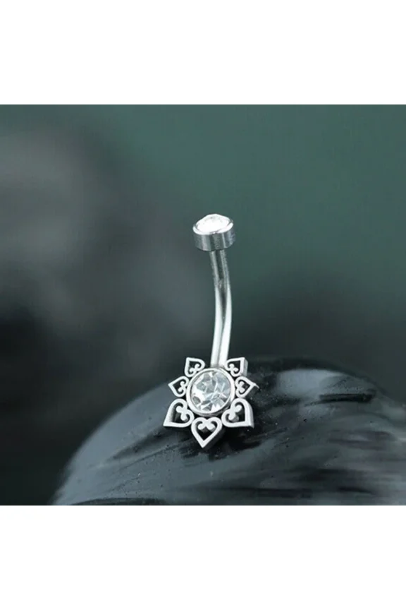 1Ct Round Cut Simulated Diamond Women's Floral Navel Belly Button 14K White Gold Plated Silver