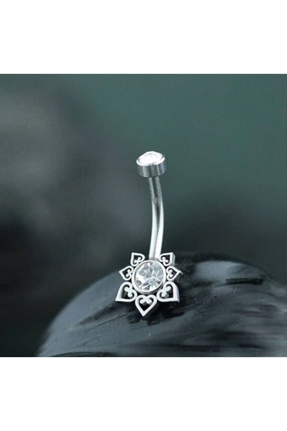 1Ct Round Cut Simulated Diamond Women's Floral Navel Belly Button 14K White Gold Plated Silver