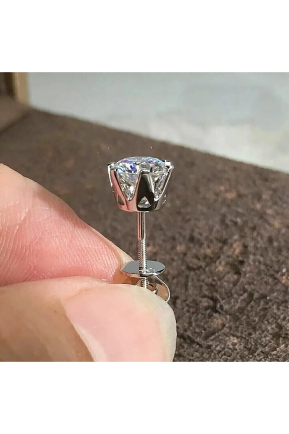 1Ct Round Natural Moissanite Solitaire Men Single Stud Earring 14K White Gold Plated