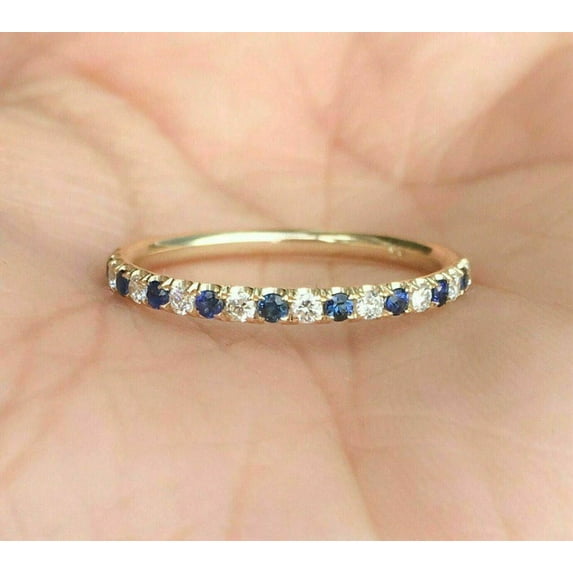 1Ct Round Sapphire Wedding Engagement Half Eternity Band Ring 925 Sterling Silver Yellow Gold Plated Gemstone Jewelry For Women Gift
