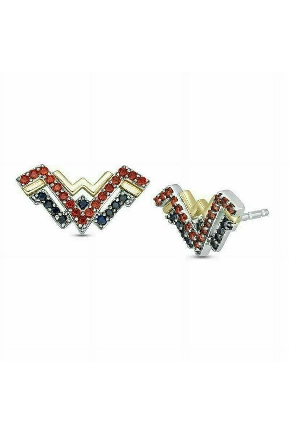 1Ct Round Simulated Red Garnet Wonder Woman Stud Earrings Two Tone Gold Plated