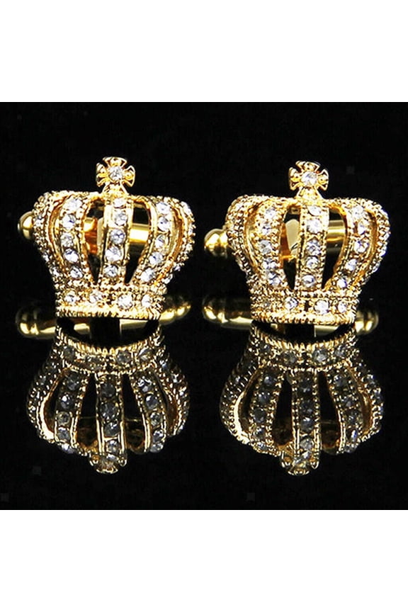 1Ct SImulated Diamond Round Cut 14K Yellow Gold Plated Crown Cufflinks Cuff Links Wedding Suit Shirt Cufflinks