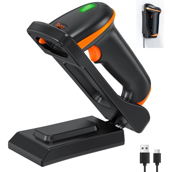 1D 2D QR Barcode Scanner with Adjustable Folding Stand and Charging Cradle, Wall Mountable 2.4G Wireless & USB 2.0 Wired QR Bar Code Reader with Vibration Alert Model D5100-Fold