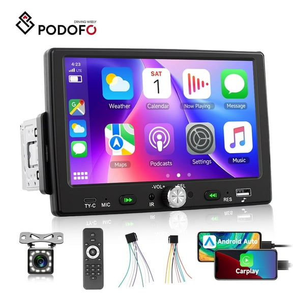 Podofo 7'' Single Din Touchscreen Car Stereo with wired CarPlay Android Auto, Bluetooth 5.0 Backup Camera