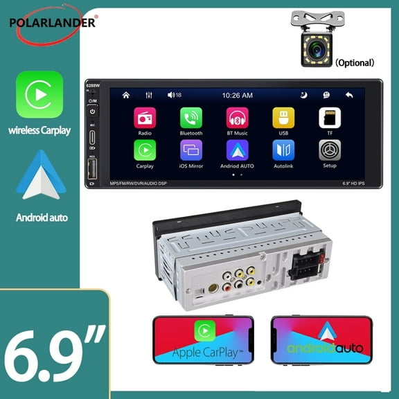 1Din 6.9" With Rear Veiw Camera Car Stereo Type-C Charging Bluetooth AI Voice Mirrorlink Android Auto Multimedia MP5 Player Wireless Carplay FM/AM/RDS