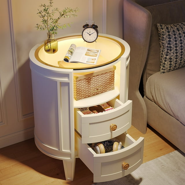 1Easylife 25.5 Inches Tall Round Nightstand Side Table with 2 Drawers LED Light Open Shelf for Bedroom Sofa Side White