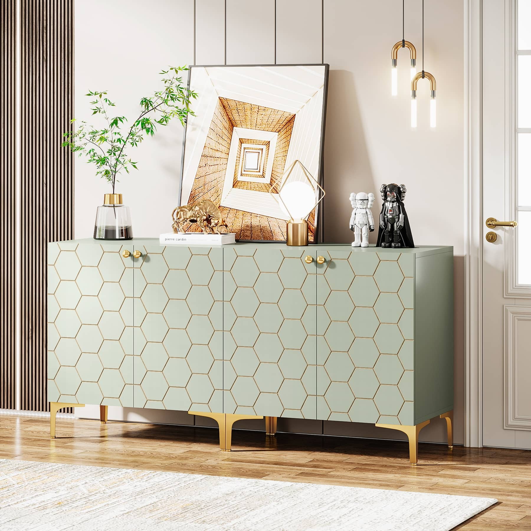 Light Green Hexagonal Pattern Storage Cabinet with Gold Metal Legs, Set of 2