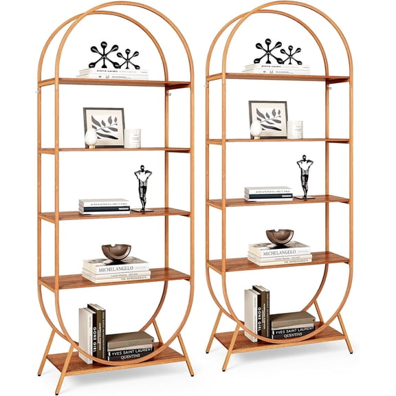 1Easylife 5-Tier Bookshelf, 70.8" Tall Arched Bookcase, Modern Home Office Book Shelf Storage Organizer with Brown Metal Frame, Freestanding Display Rack Shelving Unit for Living Room, Bedroom, 2 Pcs