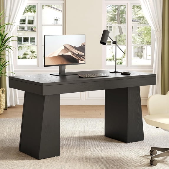 1Easylife 55 Inches Long Computer Desk, Large Black Wooden Home Office Desk with Heavy Duty Pedestal, Modern Simple Style Study Writing Table