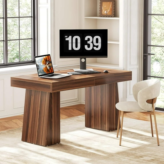 1Easylife 55 Inches Long Computer Desk, Large Brown Wooden Home Office Desk with Heavy Duty Pedestal, Modern Simple Style Study Writing Table