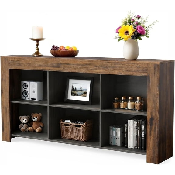 1Easylife 63-Inch Long Console Table, Rustic Wood Entryway Table with 6 Storage Cubes,  Narrow Sofa Table Behind Couch Table for Living Room, Hallway