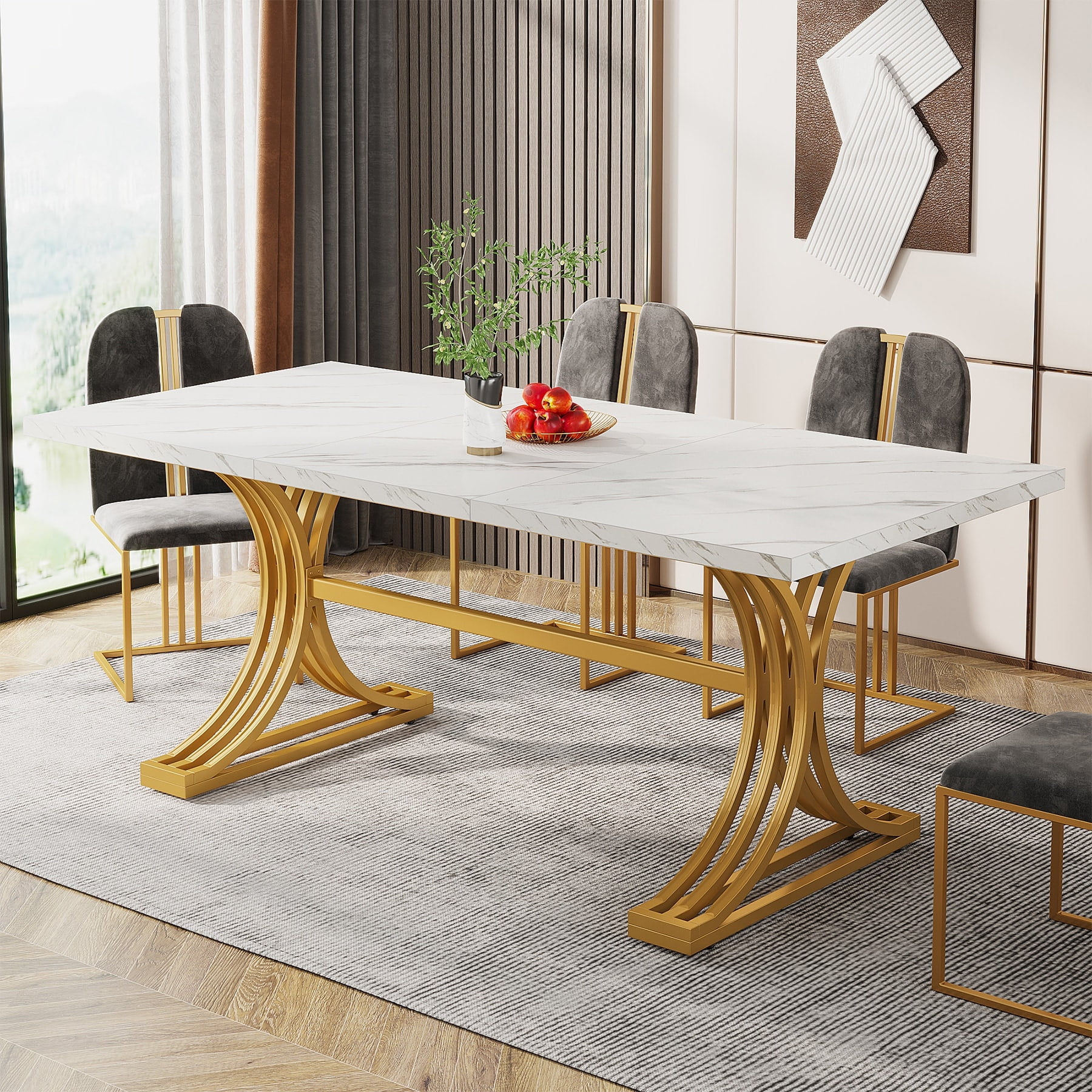 1Easylife 63'' Modern Dining Table with Faux Marble Tabletop for Kitchen Dining Room White+Gold