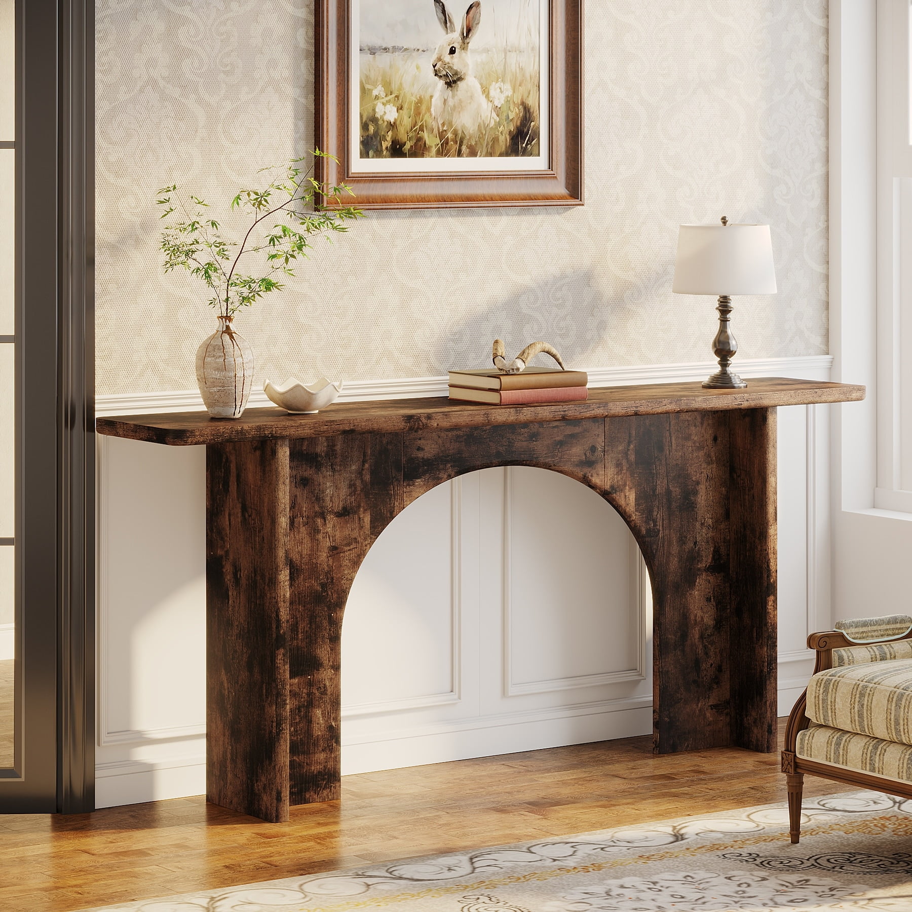 Rustic Dark Brown Wood Console Table with Arch Legs