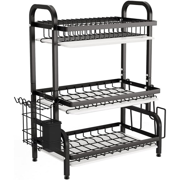 1Easylife Drying Rack, Metal 3-Tier Large Capacity Dish Rack with Utensil Holder, Cutting Board Holder, Drain Board Tray for Kitchen Counter Storage (Black)