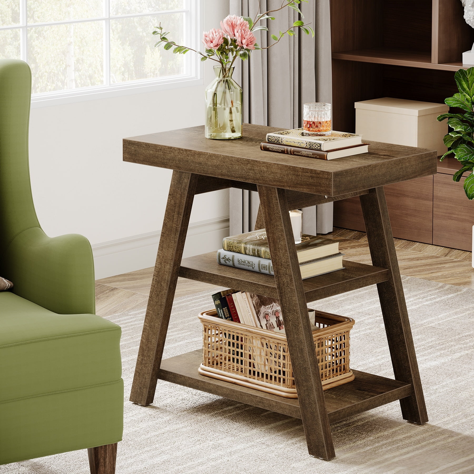 Gray 23.6" Industrial Chic Wood and Metal 3-Tier End Table