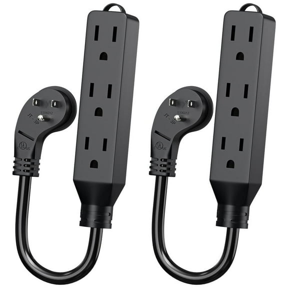 1FT Flat Plug Extension Cord - 3 Outlet Heavy Duty Extension Cord, SJT 16AWG, Black-2 Pack