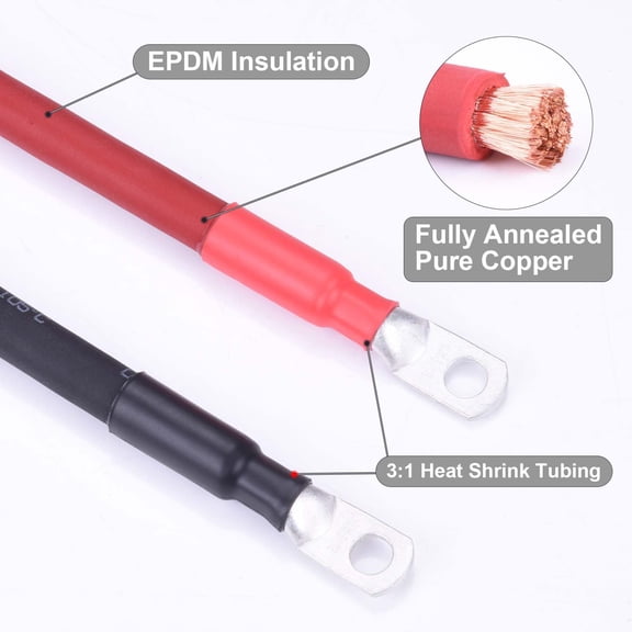 1FT Pair 2/0 AWG Flexible Cable with 3/8" Terminals, OFC Copper Inverter and Welding Wire for Automotive RV , and Black
