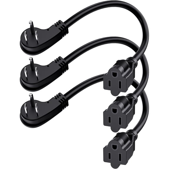 1Ft Flat Plug Short Extension Cord, 90 Degree Plug Adapter, Low Profile 3 Prong Small Grounded Cords 14 AWG 15A 1875W 3 Pack Black