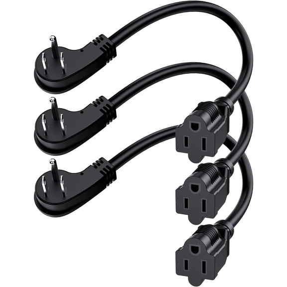 1Ft Flat Plug Short Extension Cord, 90 Degree Plug Adapter, Low Profile 3 Prong Small Grounded Cords 14 AWG 15A 1875W 3 Pack Black