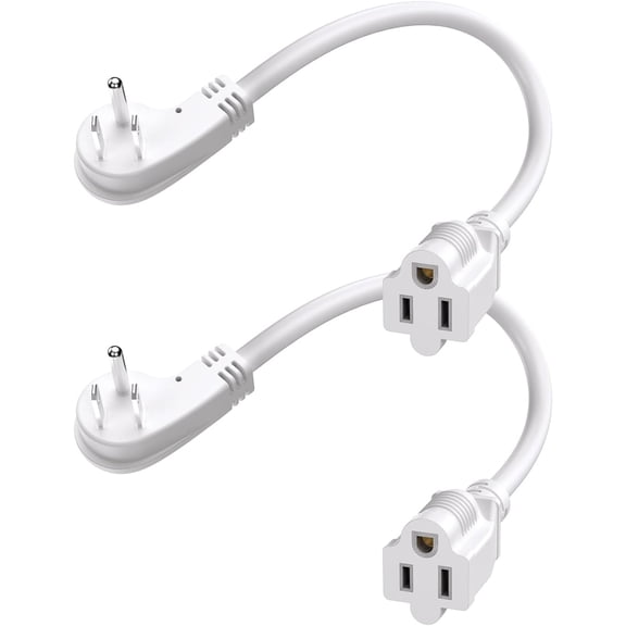 1Ft Flat Plug Short Extension Cord, 90 Degree Plug Adapter, White Low Profile 3 Prong Small Grounded Cords 14 AWG 15A 1875W 2 Pack