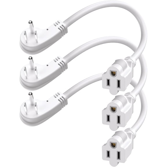 1Ft Flat Plug Short Extension Cord, 90 Degree Plug Adapter, White Low Profile 3 Prong Small Grounded Cords 14 AWG 15A 1875W 3 Pack
