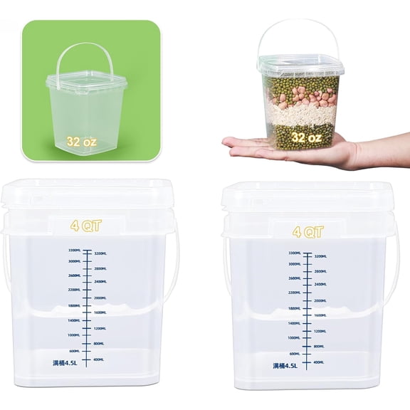 1Gal Clear Square Bucket with Airtight Lids, BPA-Free Food Storage Container for Kitchen Pantry, Meal Prep, Snack, Rice, Flour, Pet Food - Transparent Bucket with Scale Marks (2x4 Qt, 2x1 Qt)