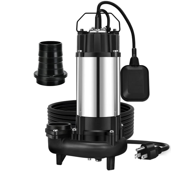 1HP Sewage Sump Pump, 110v 6400GPH Sewage Grinder Pump, Stainless Steel, Automatic Float Switch, Cast Iron Impeller, 2'' Npt Discharge, Submersible Sewage Pump for Basement, Sump Basin, Residential